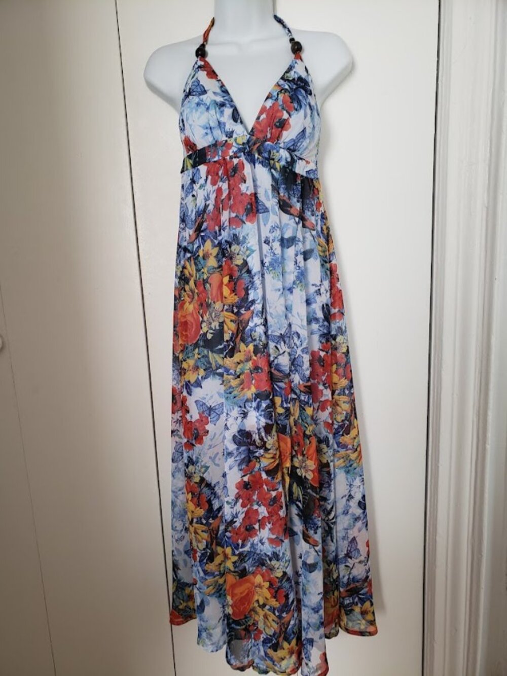 Rubber Ducky open back halter maxi dress chiffon size S